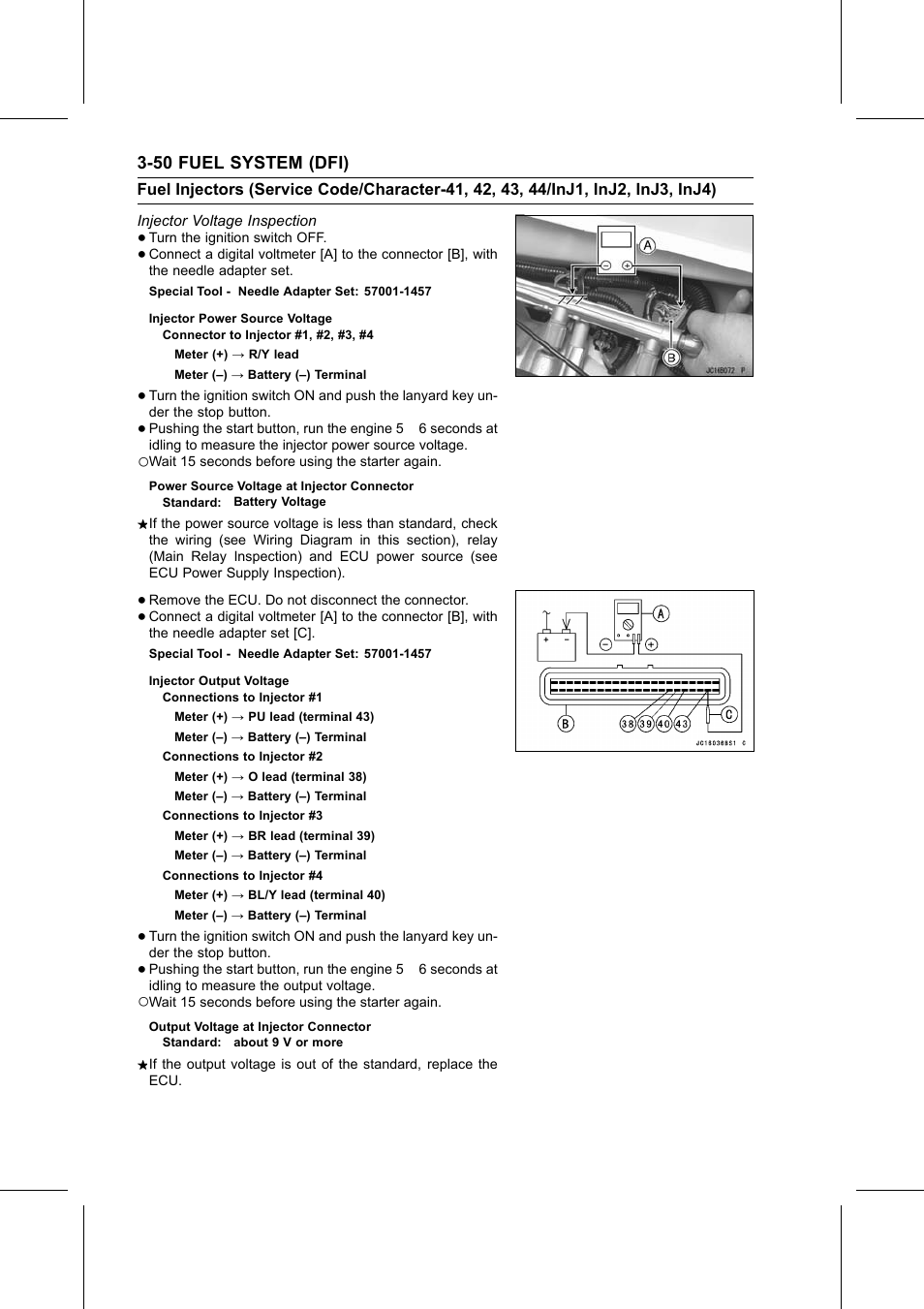 Injector power source voltage, Power source voltage at injector connector, Injector output voltage | Output voltage at injector connector, Injector voltage inspection, Special tool | Kawasaki STX-15F User Manual | Page 104 / 438