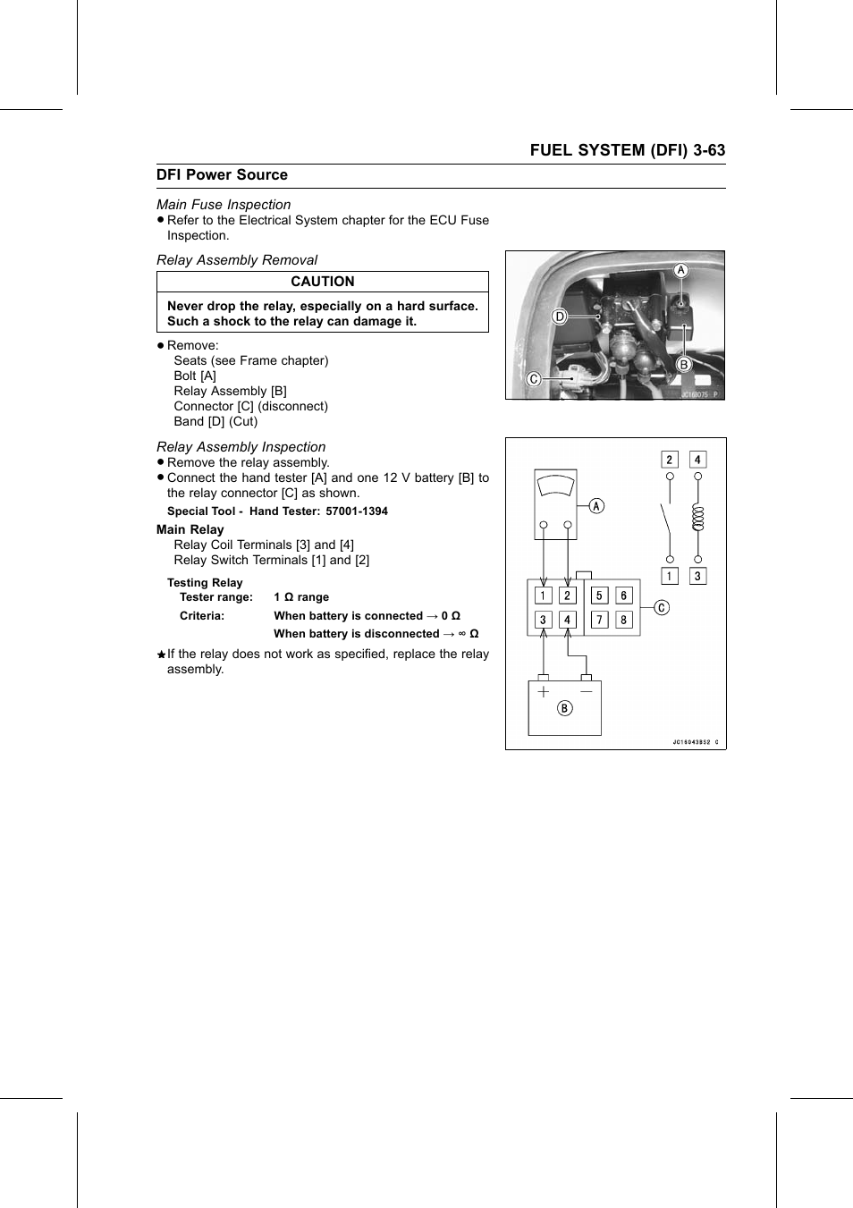 Testing relay, Main fuse inspection, Relay assembly removal | Relay assembly inspection, Special tool, Dfi power source | Kawasaki STX-15F User Manual | Page 117 / 438