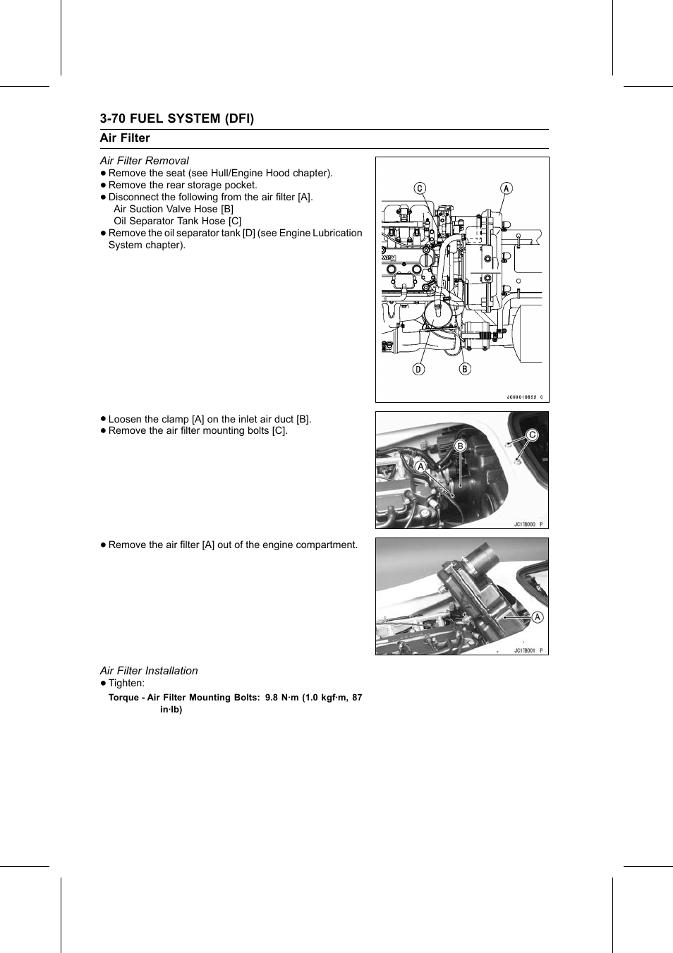 Air filter removal, Air filter installation, Torque | Air filter | Kawasaki STX-15F User Manual | Page 124 / 438