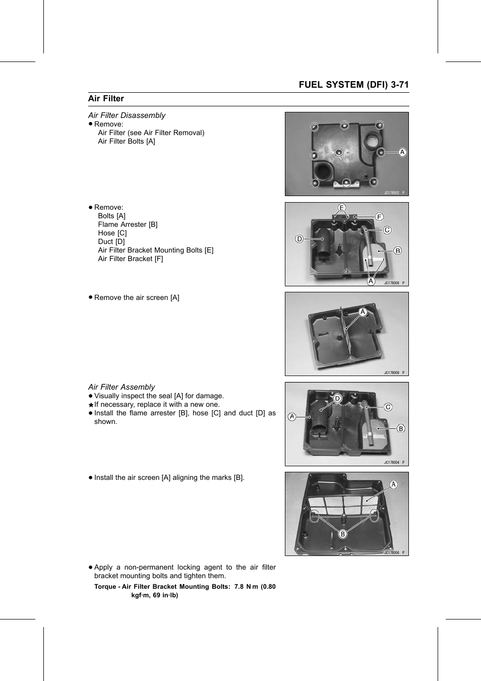 Air filter disassembly, Air filter assembly, Torque | Kawasaki STX-15F User Manual | Page 125 / 438