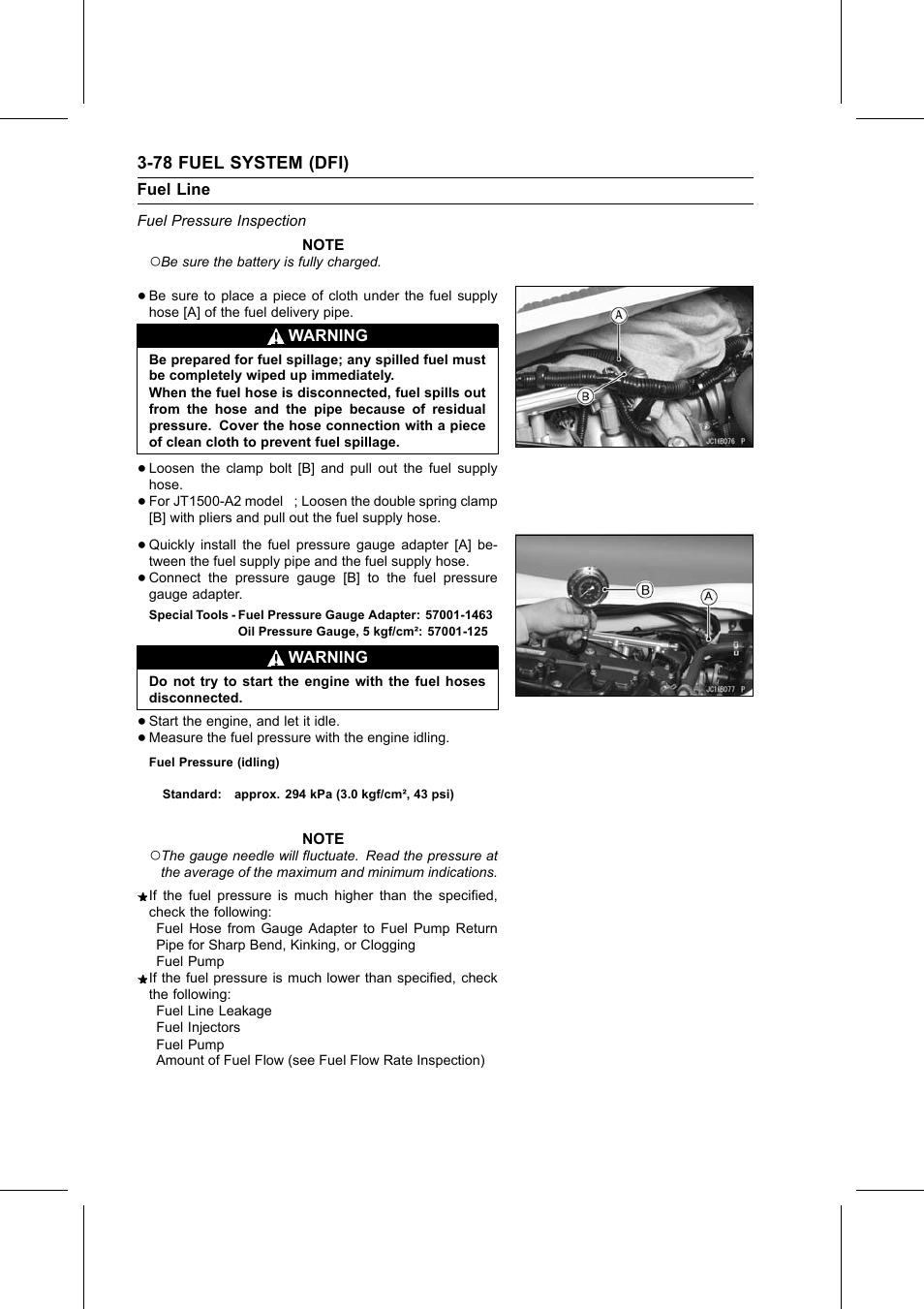 Fuel pressure (idling), Fuel pressure inspection, Special tools | Fuel line | Kawasaki STX-15F User Manual | Page 132 / 438