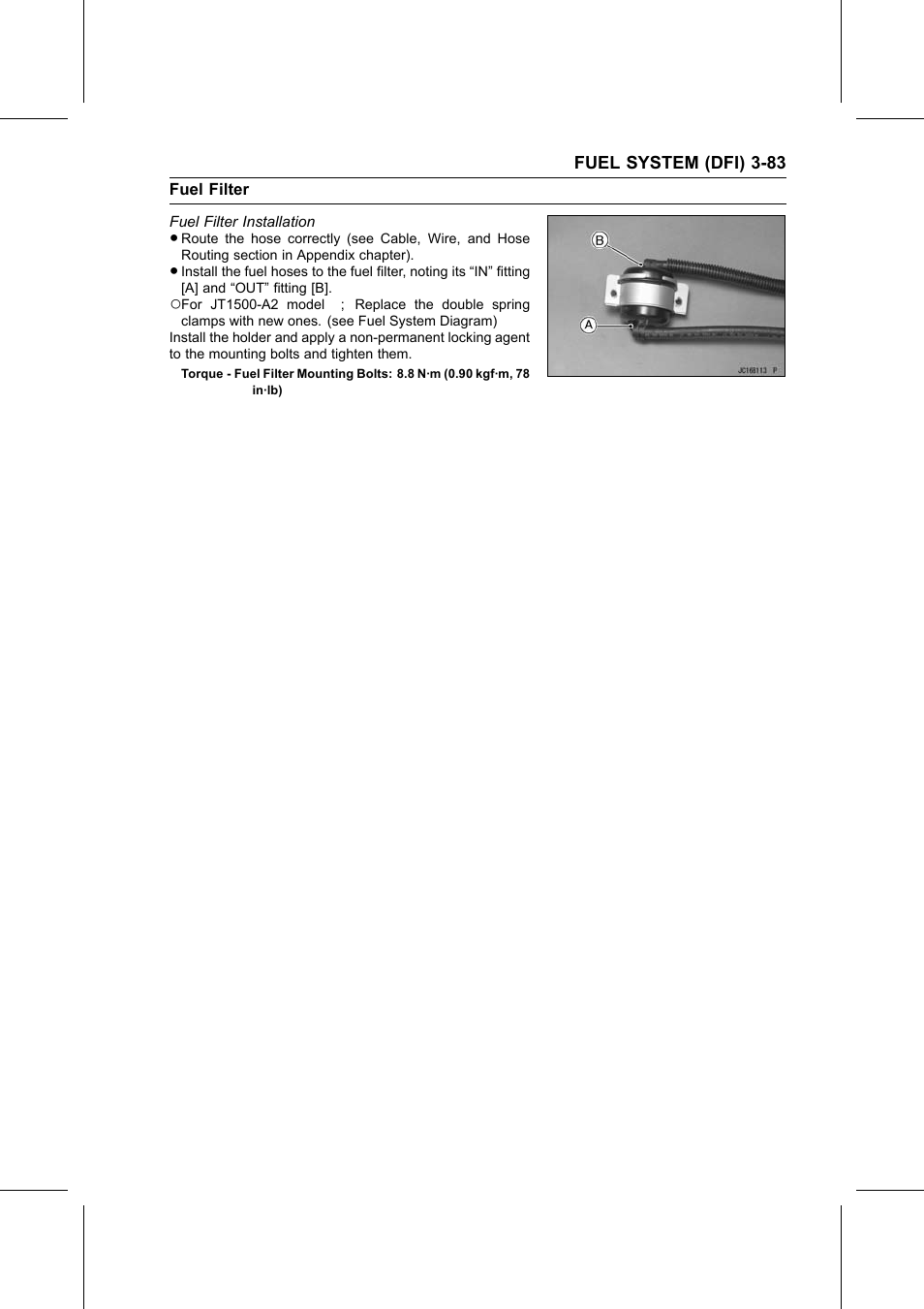 Fuel filter installation, Torque | Kawasaki STX-15F User Manual | Page 137 / 438