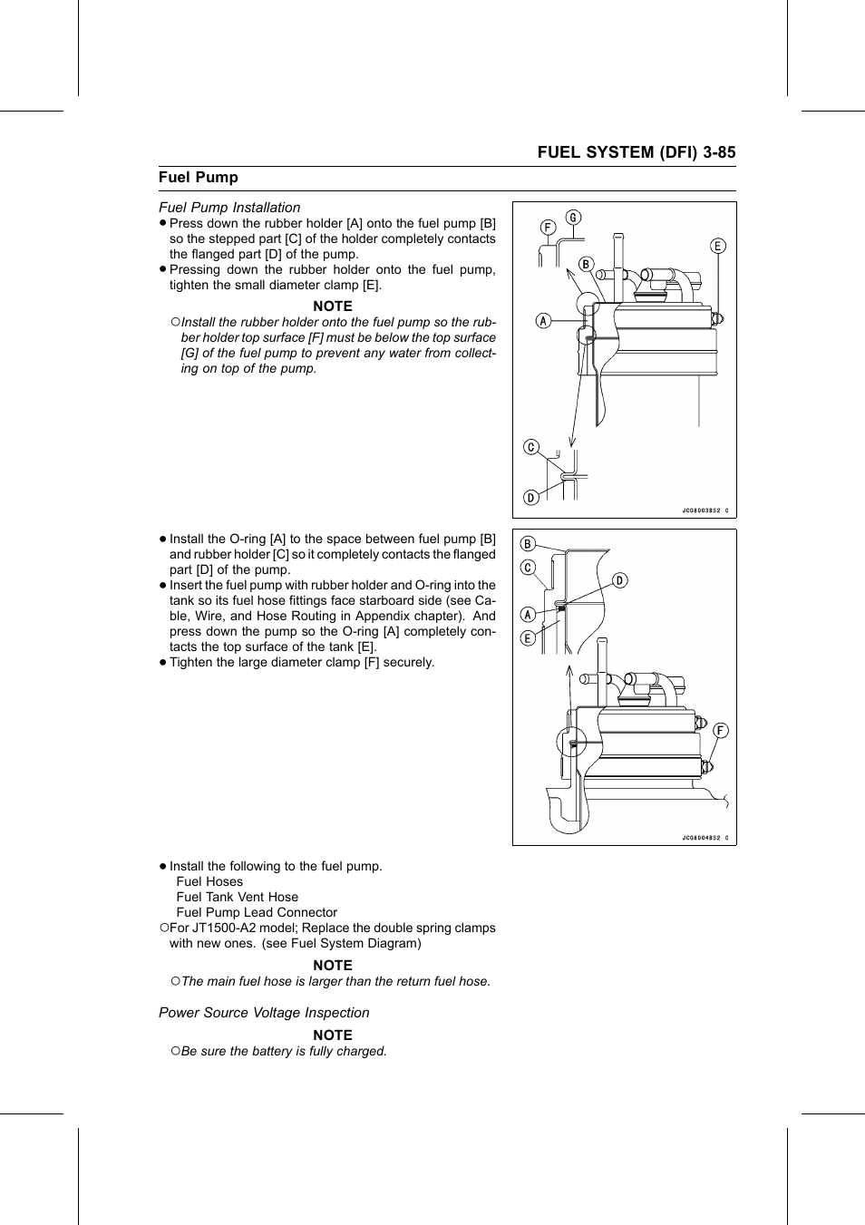 Fuel pump installation, Power source voltage inspection | Kawasaki STX-15F User Manual | Page 139 / 438
