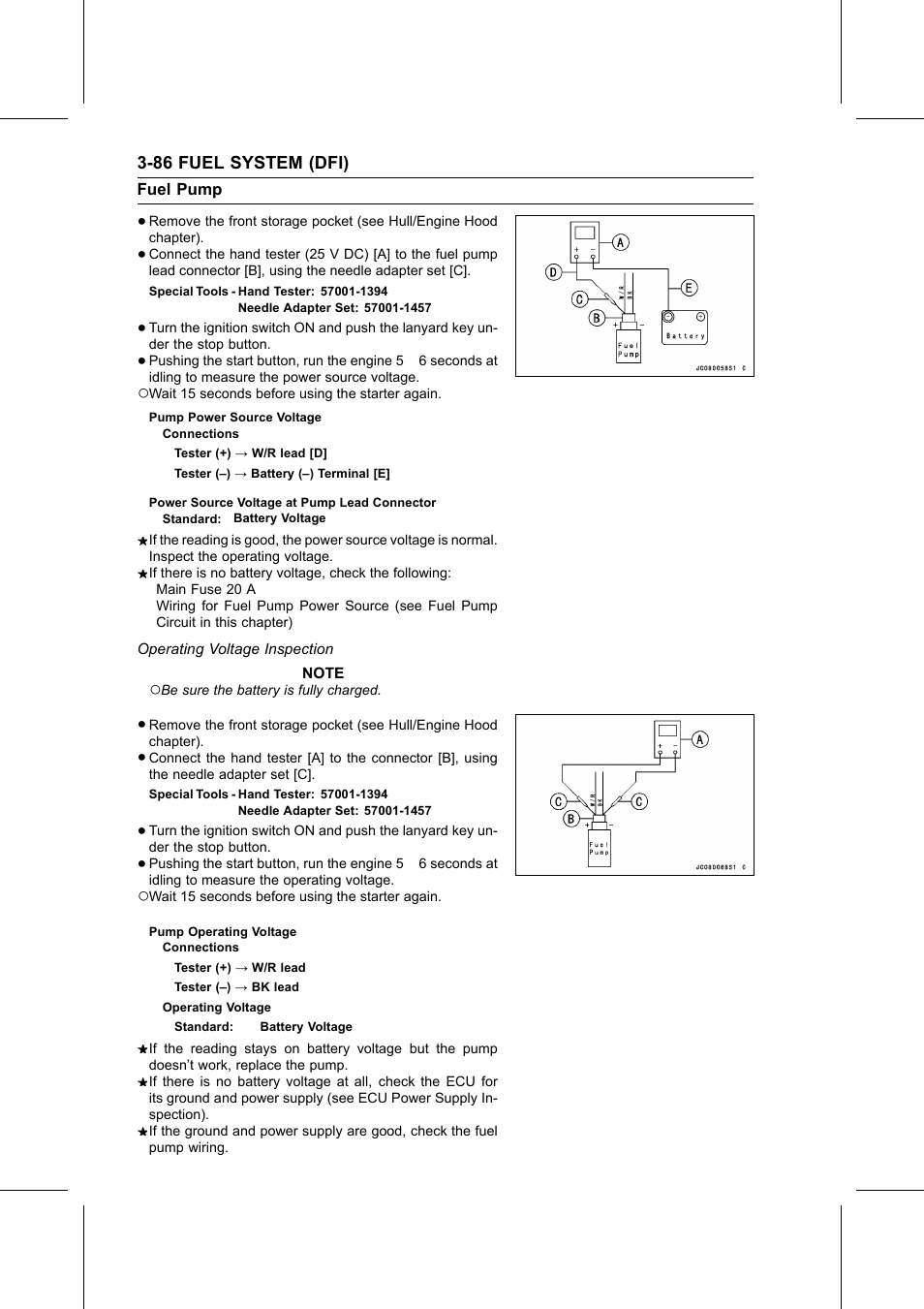 Pump power source voltage, Power source voltage at pump lead connector, Pump operating voltage | Special tools, Operating voltage inspection | Kawasaki STX-15F User Manual | Page 140 / 438