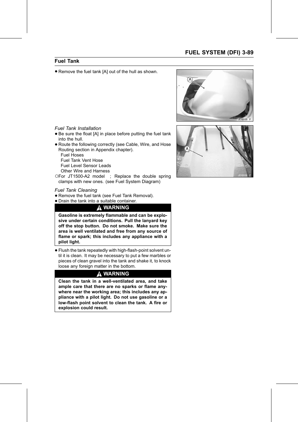 Fuel tank installation, Fuel tank cleaning | Kawasaki STX-15F User Manual | Page 143 / 438