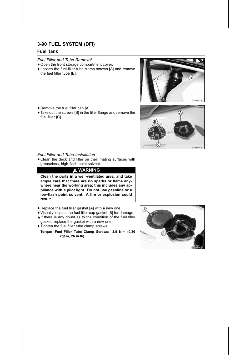 Fuel filler and tube removal, Fuel filler and tube installation, Torque | Kawasaki STX-15F User Manual | Page 144 / 438