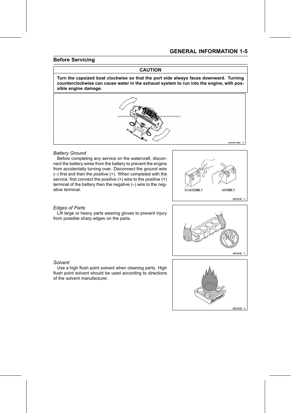 Battery ground, Edges of parts, Solvent | Kawasaki STX-15F User Manual | Page 15 / 438