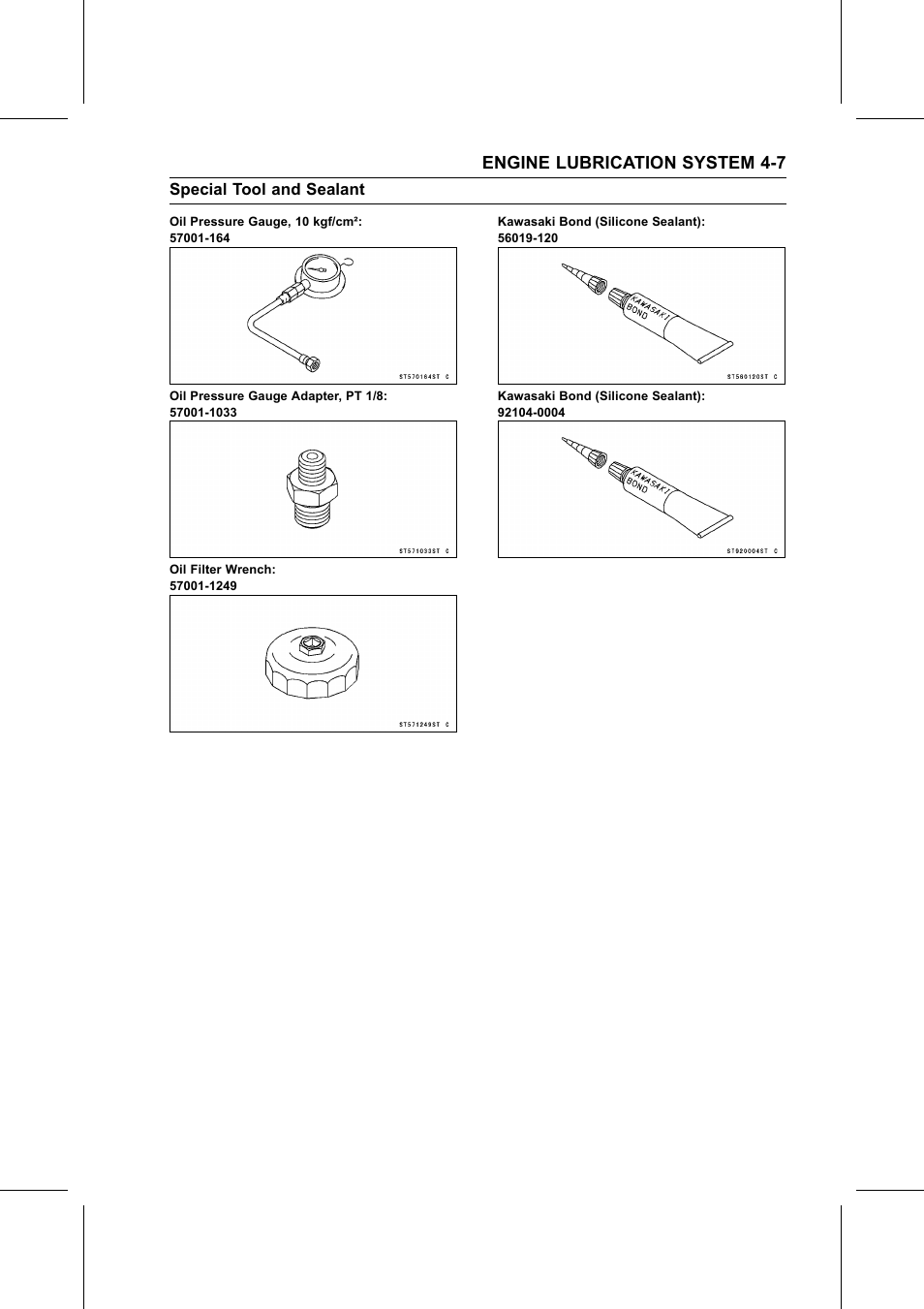 Oil pressure gauge, 10 kgf/cm, Special tool and sealant, Engine lubrication system 4-7 | Kawasaki STX-15F User Manual | Page 151 / 438