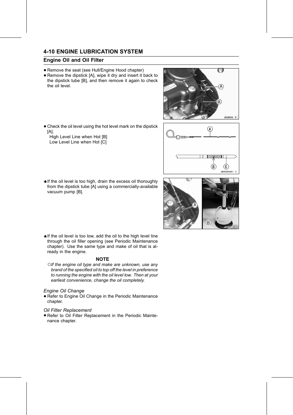 Engine oil change, Oil filter replacement | Kawasaki STX-15F User Manual | Page 154 / 438