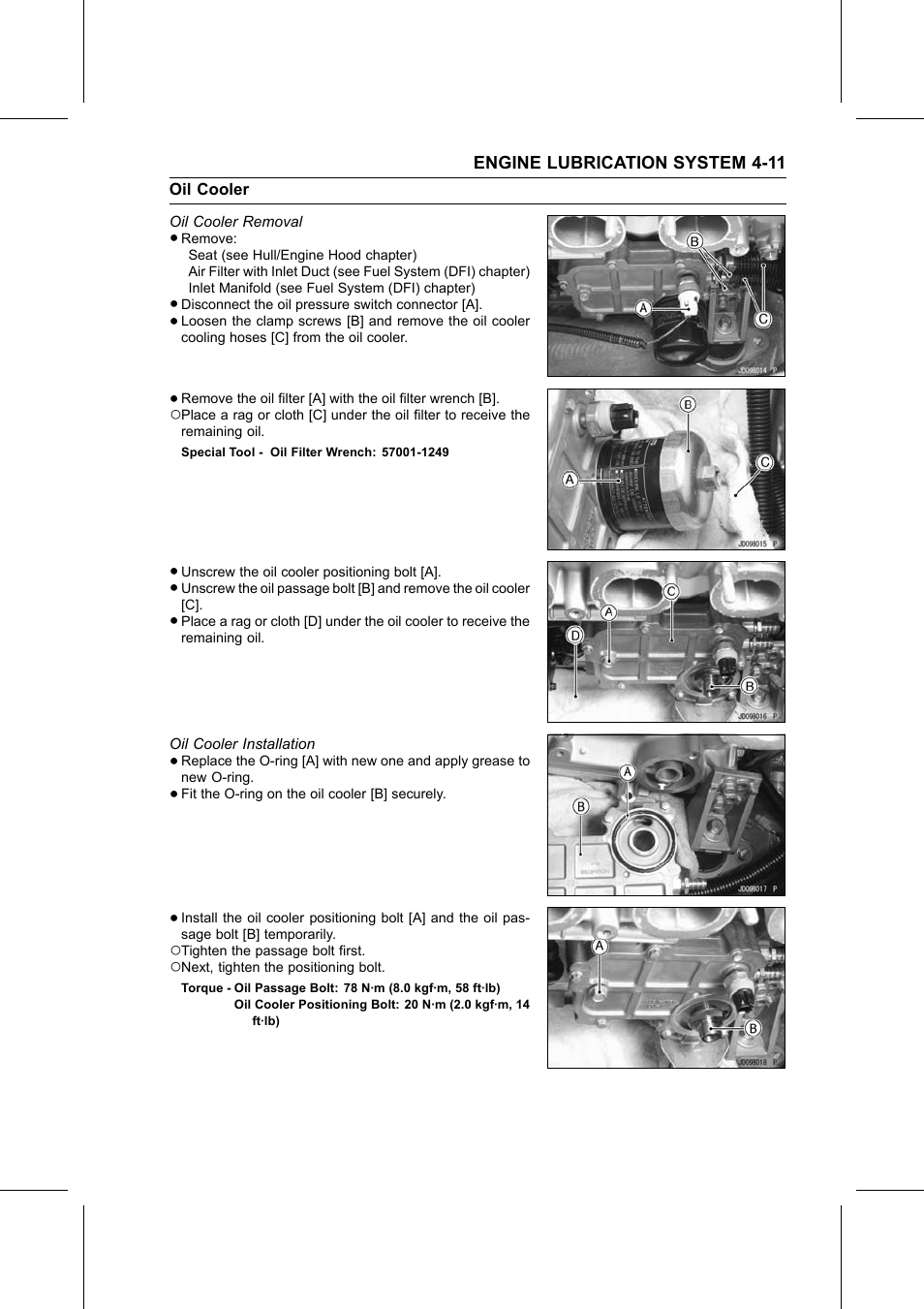 Oil cooler removal, Special tool, Oil cooler installation | Torque, Oil cooler | Kawasaki STX-15F User Manual | Page 155 / 438