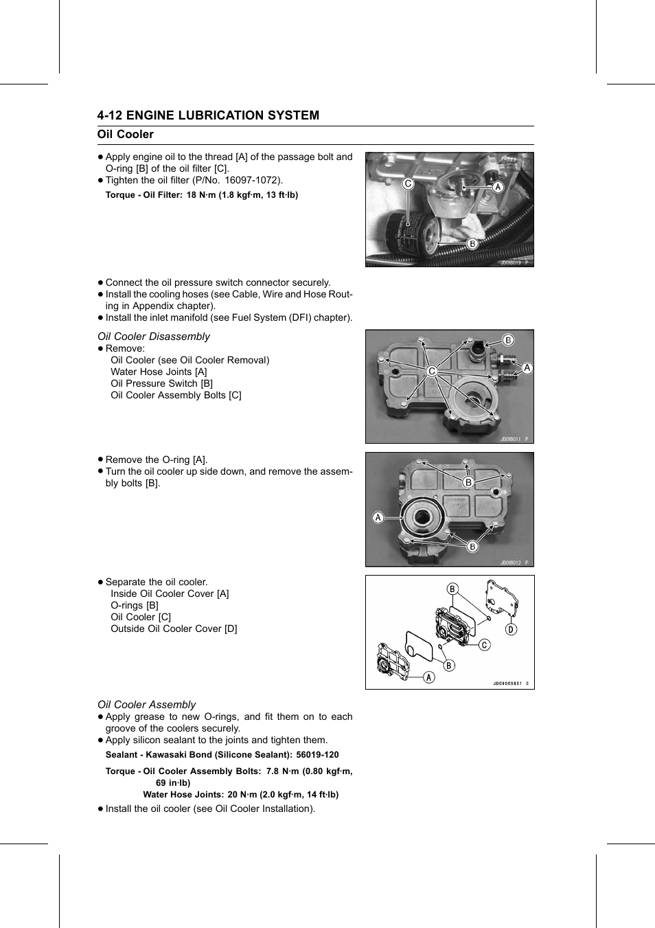 Torque, Oil cooler disassembly, Oil cooler assembly | Sealant | Kawasaki STX-15F User Manual | Page 156 / 438