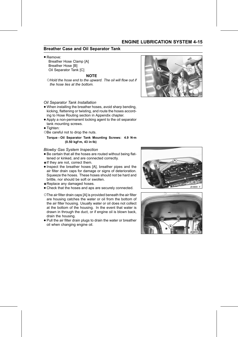 Oil separator tank installation, Torque, Blowby gas system inspection | Kawasaki STX-15F User Manual | Page 159 / 438