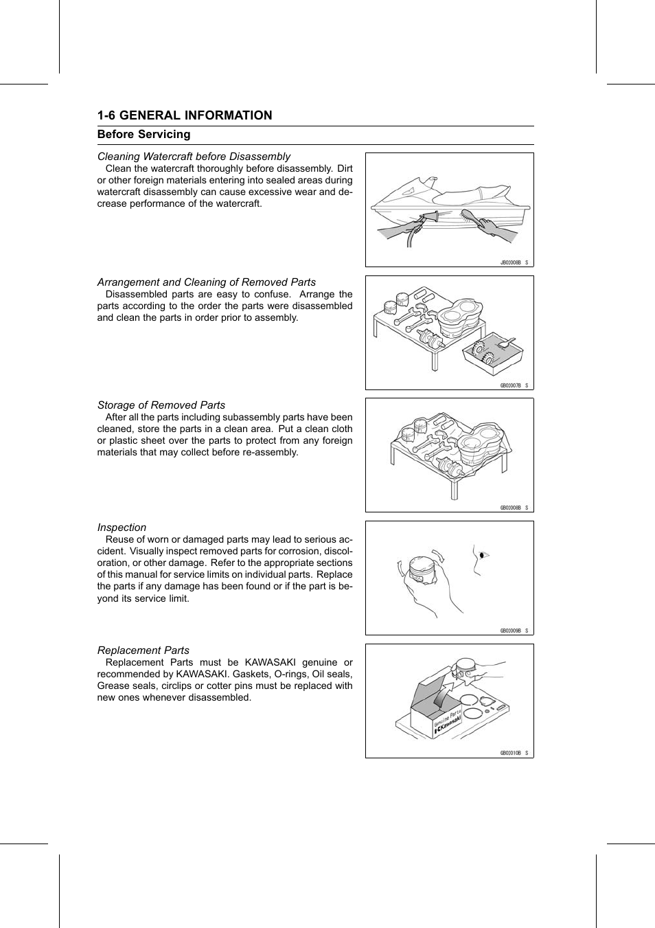 Cleaning watercraft before disassembly, Arrangement and cleaning of removed parts, Storage of removed parts | Inspection, Replacement parts | Kawasaki STX-15F User Manual | Page 16 / 438