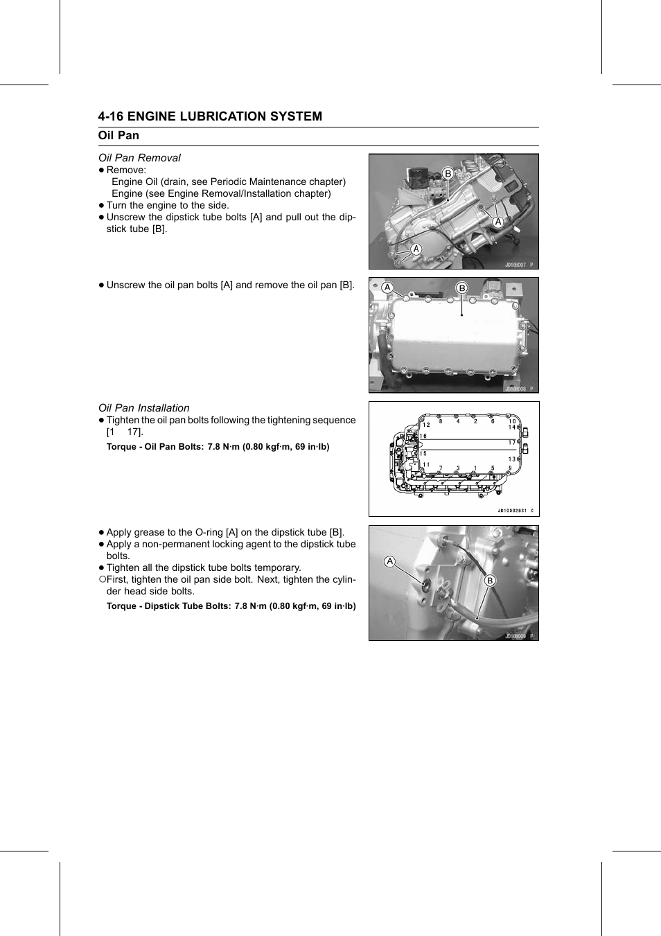 Oil pan removal, Oil pan installation, Torque | Oil pan | Kawasaki STX-15F User Manual | Page 160 / 438