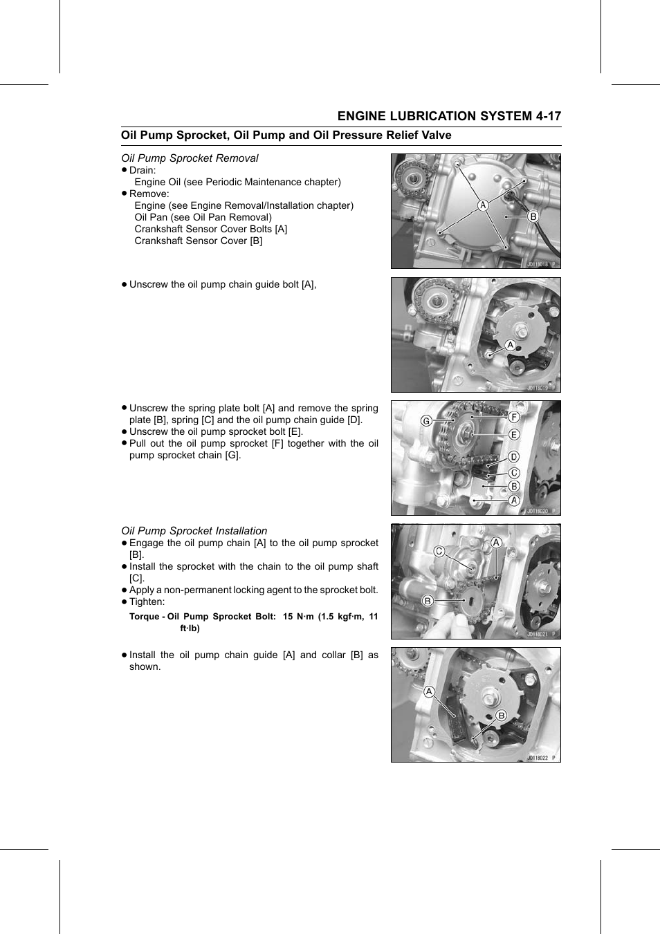 Oil pump sprocket removal, Oil pump sprocket installation, Torque | Kawasaki STX-15F User Manual | Page 161 / 438