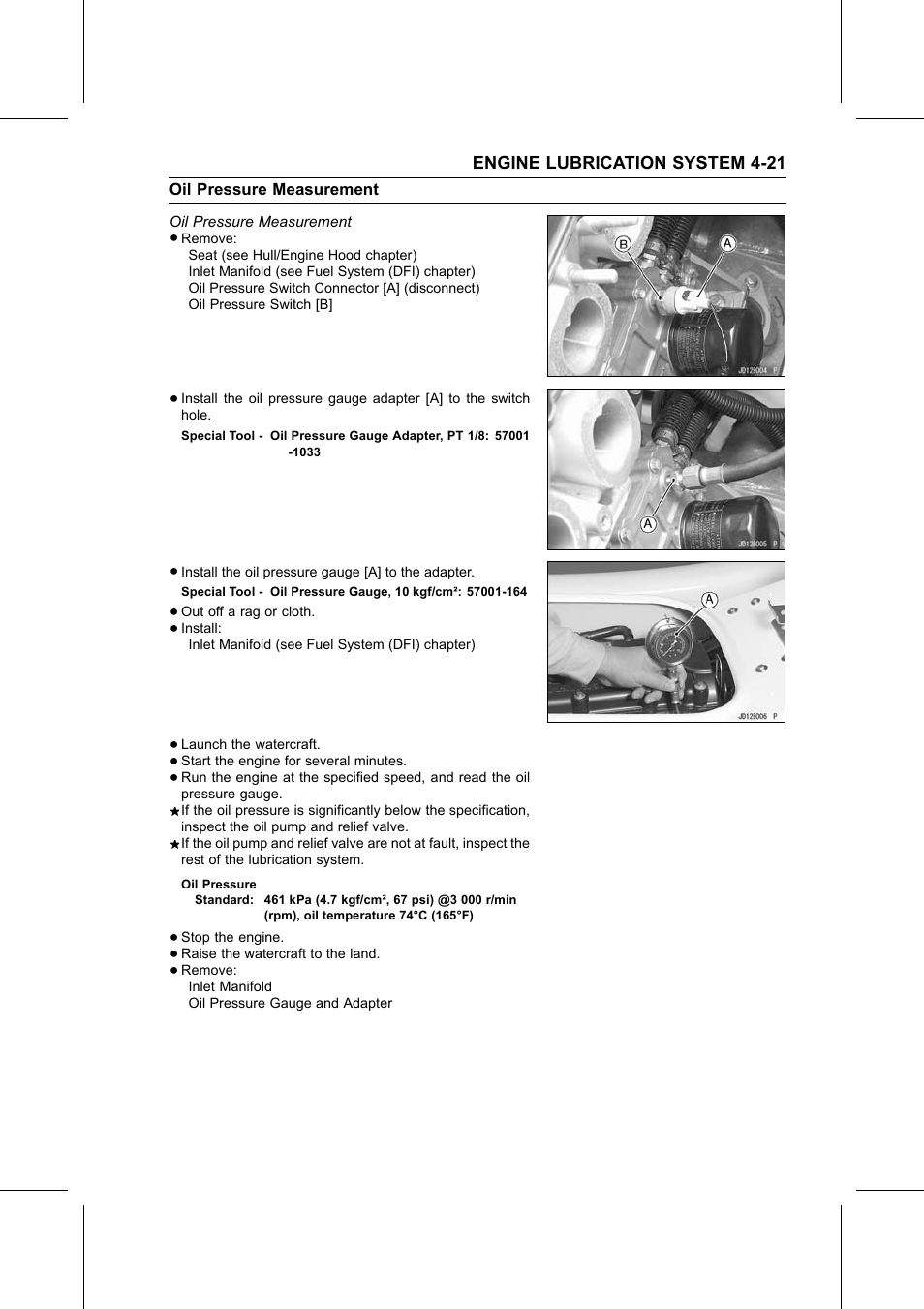 Oil pressure, Oil pressure measurement, Special tool | Kawasaki STX-15F User Manual | Page 165 / 438