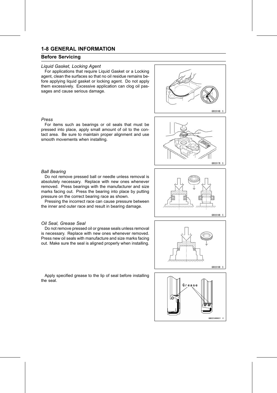 Liquid gasket, locking agent, Press, Ball bearing | Oil seal, grease seal | Kawasaki STX-15F User Manual | Page 18 / 438