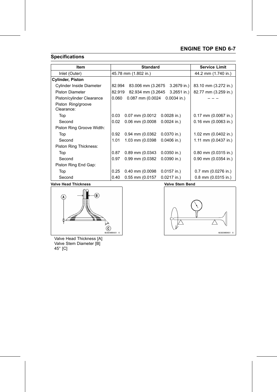 Valve head thickness, Valve stem bend, Engine top end 6-7 | Kawasaki STX-15F User Manual | Page 185 / 438