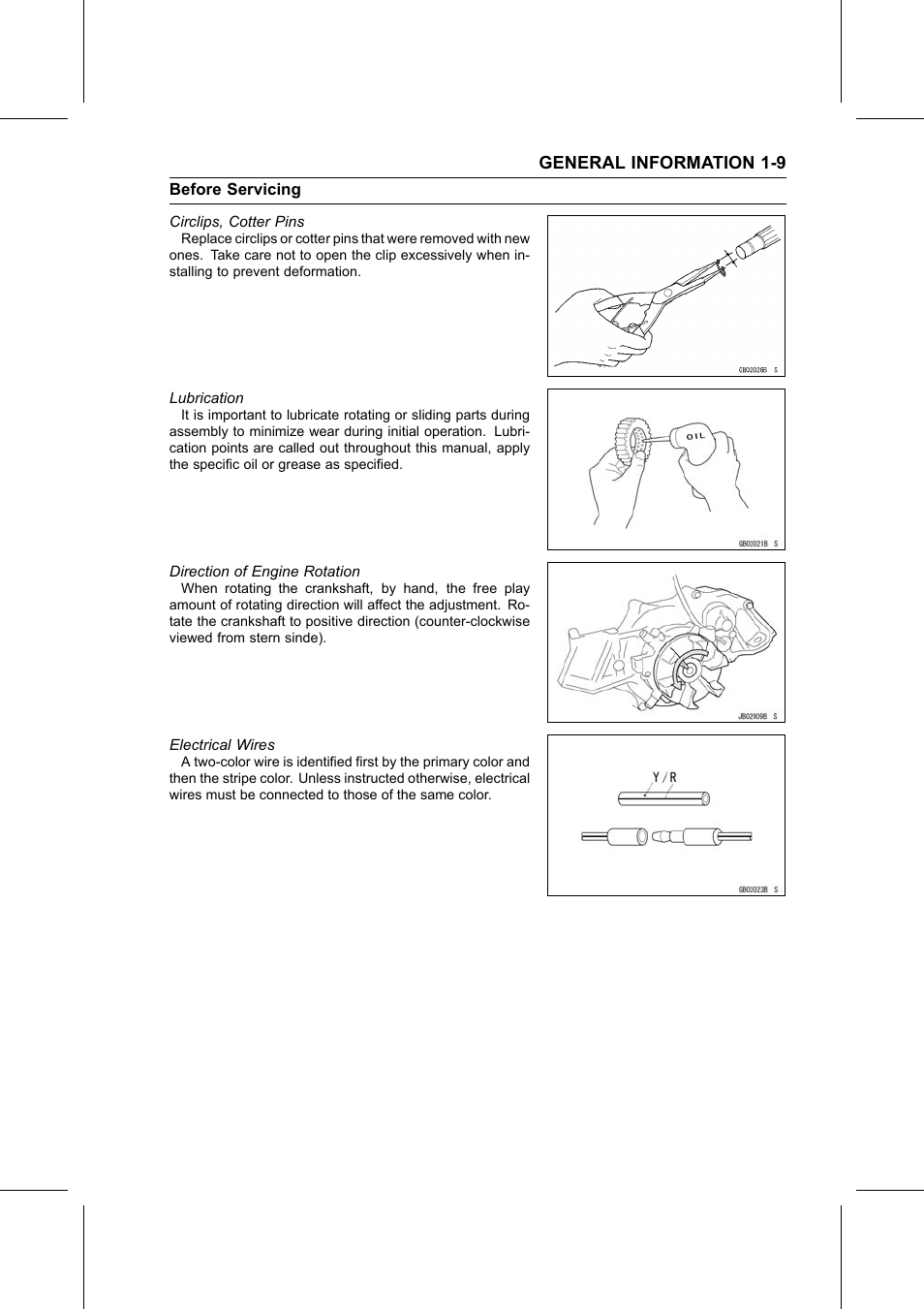 Circlips, cotter pins, Lubrication, Direction of engine rotation | Electrical wires | Kawasaki STX-15F User Manual | Page 19 / 438