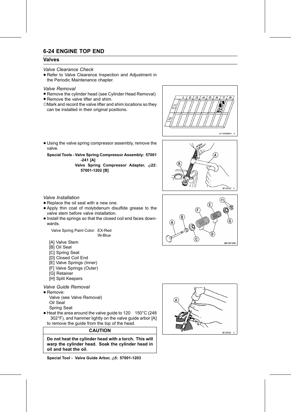 Valve clearance check, Valve removal, Special tools | Valve installation, Valve guide removal, Special tool, Valves | Kawasaki STX-15F User Manual | Page 202 / 438