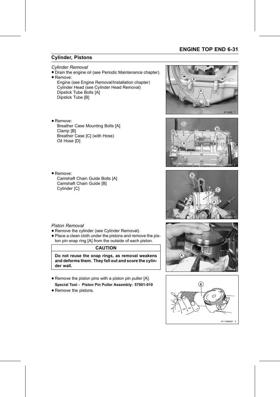 Cylinder removal, Piston removal, Special tool | Cylinder, pistons | Kawasaki STX-15F User Manual | Page 209 / 438