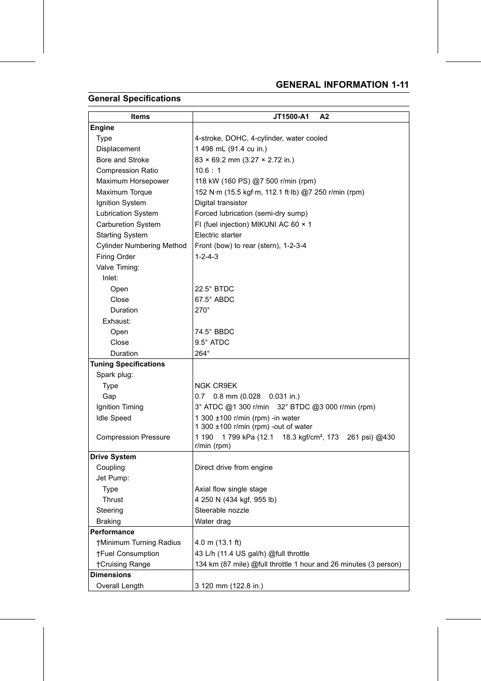 General specifications, General information 1-11 | Kawasaki STX-15F User Manual | Page 21 / 438