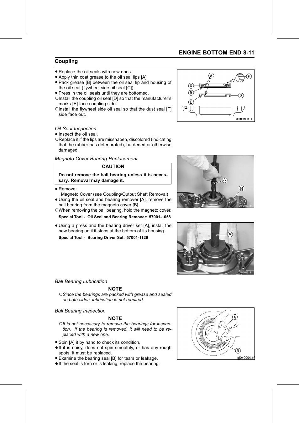 Oil seal inspection, Magneto cover bearing replacement, Special tool | Ball bearing lubrication, Ball bearing inspection | Kawasaki STX-15F User Manual | Page 231 / 438