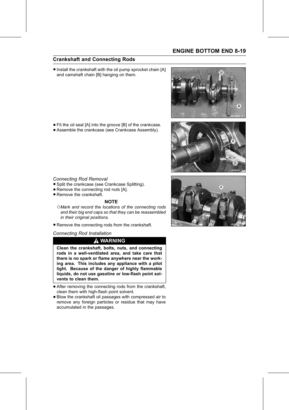 Connecting rod removal, Connecting rod installation | Kawasaki STX-15F User Manual | Page 239 / 438