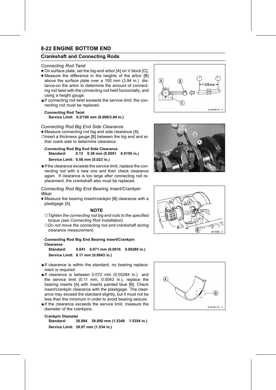 Connecting rod twist, Connecting rod big end side clearance, Crankpin diameter | Kawasaki STX-15F User Manual | Page 242 / 438