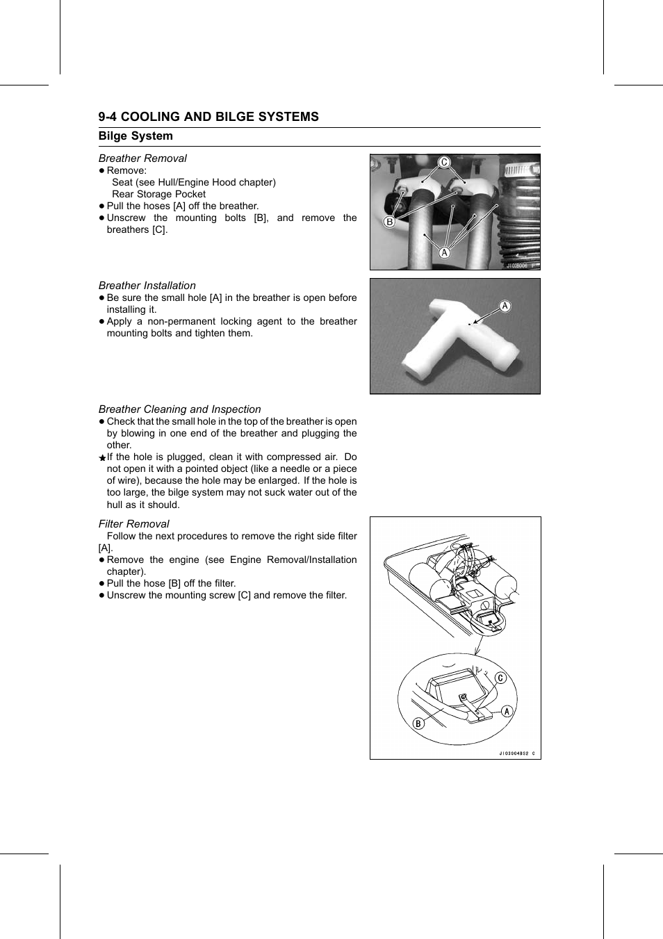 Breather removal, Breather installation, Breather cleaning and inspection | Filter removal, Bilge system | Kawasaki STX-15F User Manual | Page 250 / 438