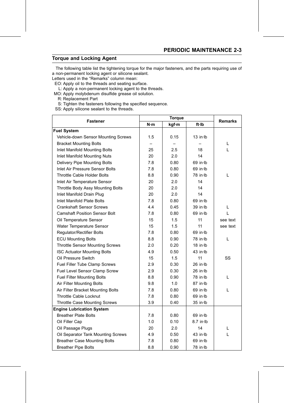 Torque and locking agent, Periodic maintenance 2-3 | Kawasaki STX-15F User Manual | Page 27 / 438