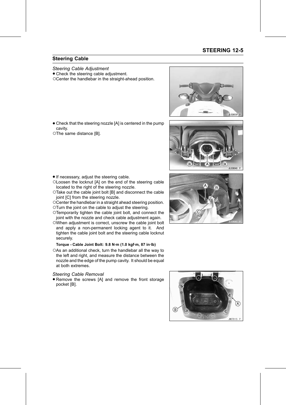 Steering cable adjustment, Torque, Steering cable removal | Steering cable | Kawasaki STX-15F User Manual | Page 291 / 438