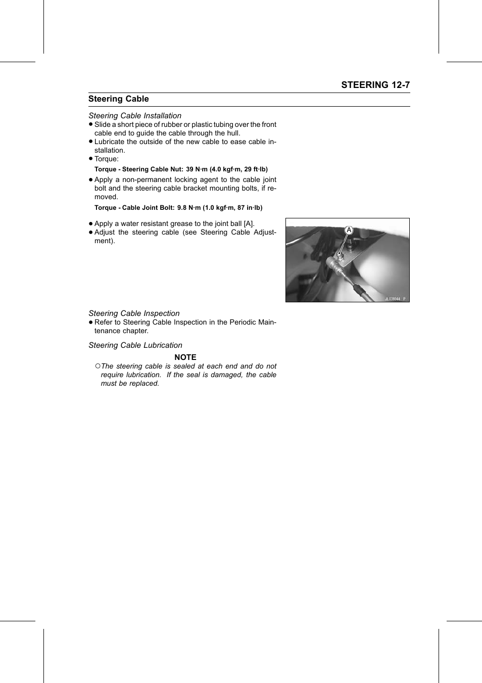 Steering cable installation, Torque, Steering cable inspection | Steering cable lubrication | Kawasaki STX-15F User Manual | Page 293 / 438