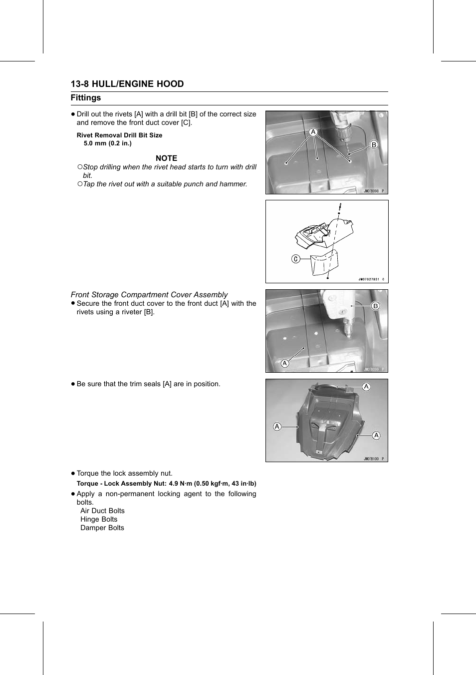 Rivet removal drill bit size, Front storage compartment cover assembly, Torque | Kawasaki STX-15F User Manual | Page 314 / 438