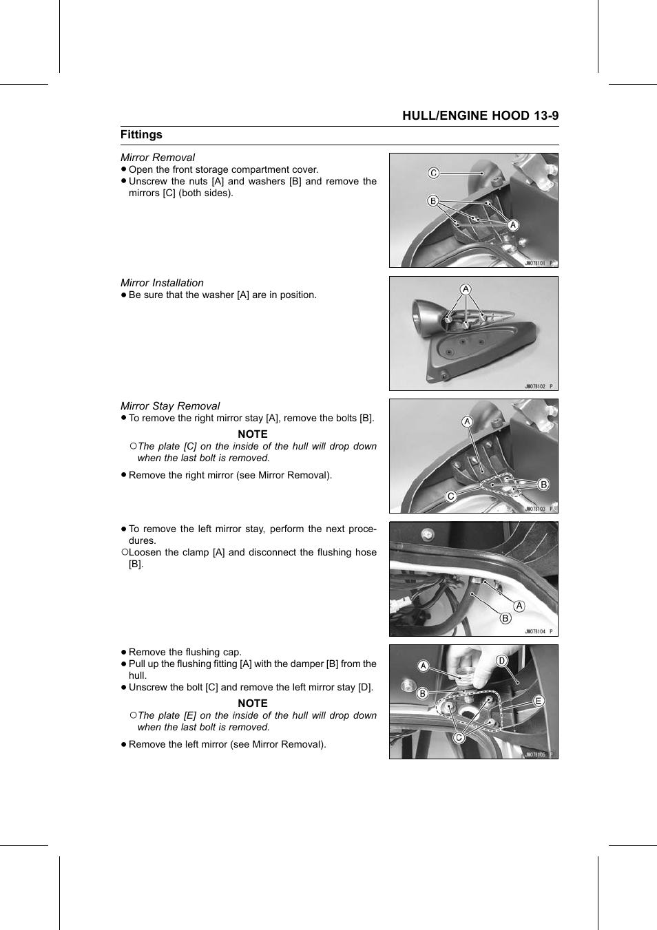 Mirror removal, Mirror installation, Mirror stay removal | Kawasaki STX-15F User Manual | Page 315 / 438