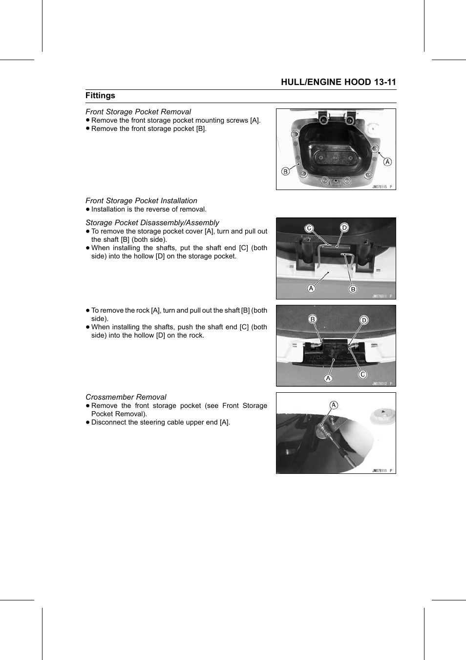 Front storage pocket removal, Front storage pocket installation, Storage pocket disassembly/assembly | Crossmember removal | Kawasaki STX-15F User Manual | Page 317 / 438