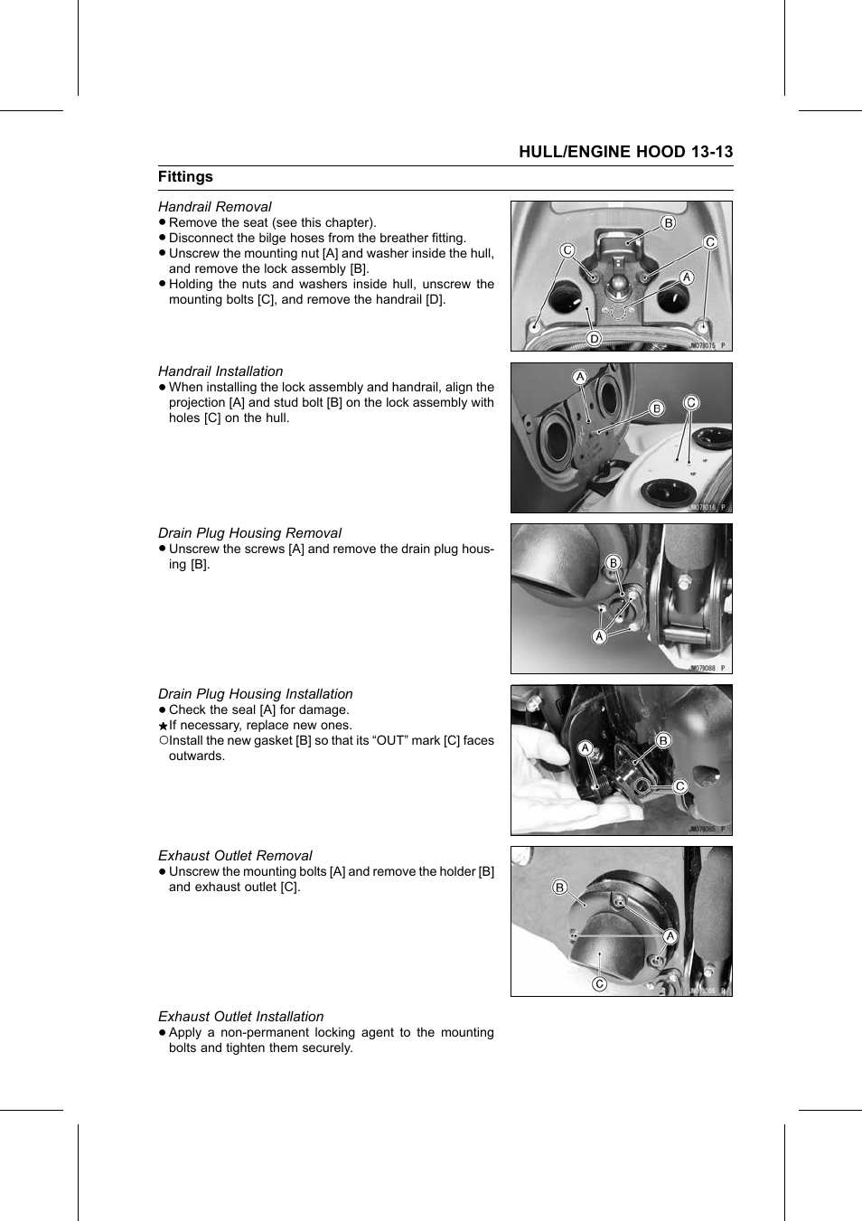 Handrail removal, Handrail installation, Drain plug housing removal | Drain plug housing installation, Exhaust outlet removal, Exhaust outlet installation | Kawasaki STX-15F User Manual | Page 319 / 438