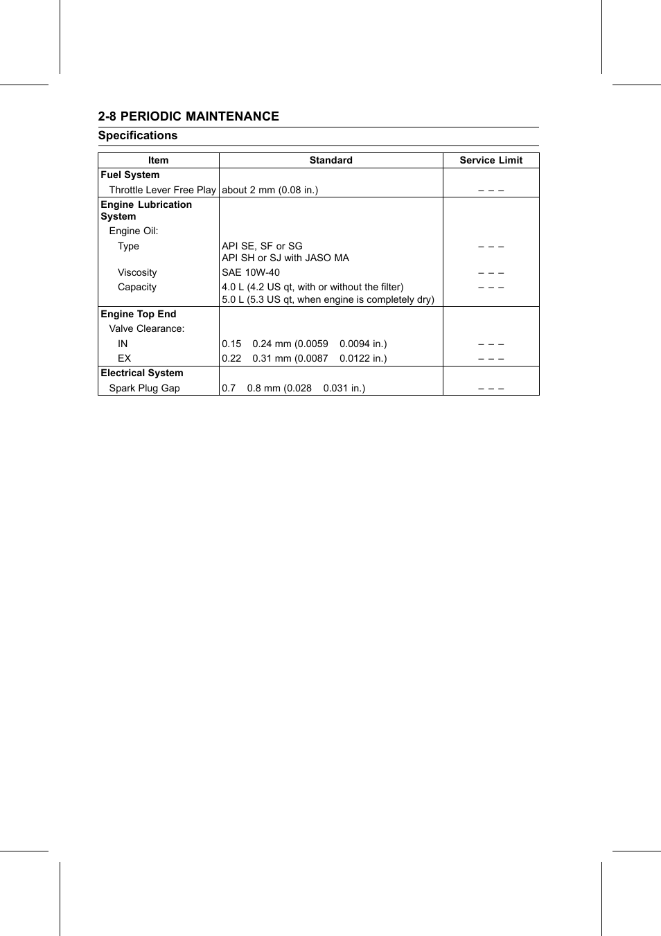 Specifications, 8 periodic maintenance | Kawasaki STX-15F User Manual | Page 32 / 438