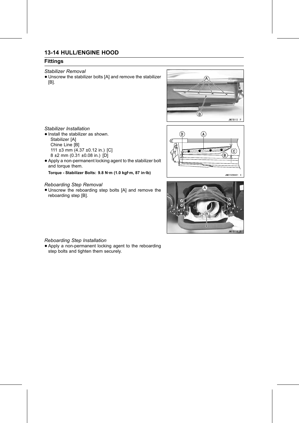 Stabilizer removal, Stabilizer installation, Torque | Reboarding step removal, Reboarding step installation | Kawasaki STX-15F User Manual | Page 320 / 438