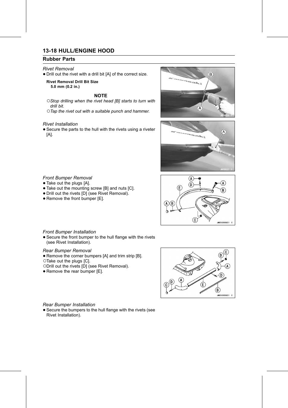 Rivet removal drill bit size, Rivet removal, Rivet installation | Front bumper removal, Front bumper installation, Rear bumper removal, Rear bumper installation | Kawasaki STX-15F User Manual | Page 324 / 438