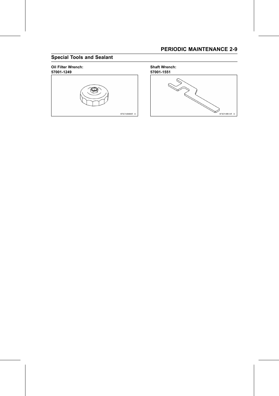 Oil filter wrench, Special tools and sealant, Periodic maintenance 2-9 | Kawasaki STX-15F User Manual | Page 33 / 438