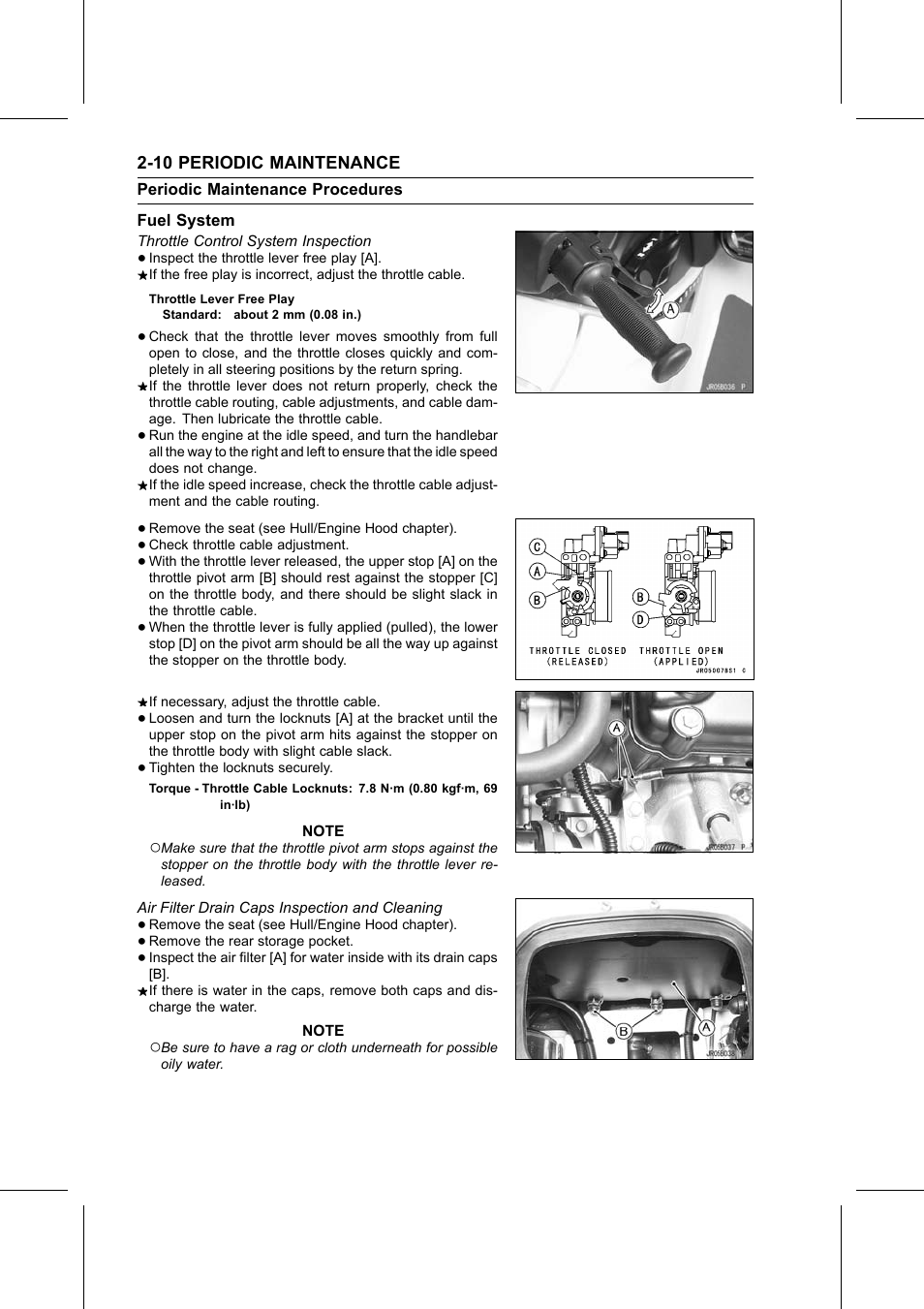 Throttle lever free play, Fuel system, Throttle control system inspection | Torque, Air filter drain caps inspection and cleaning, Periodic maintenance procedures | Kawasaki STX-15F User Manual | Page 34 / 438