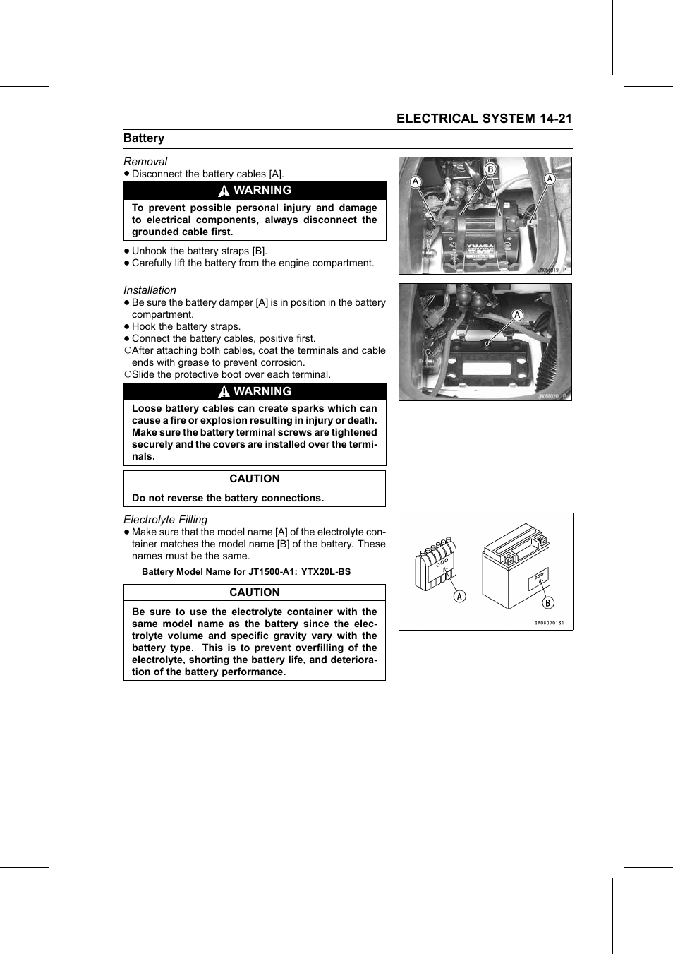 Removal, Installation, Electrolyte filling | Battery | Kawasaki STX-15F User Manual | Page 347 / 438