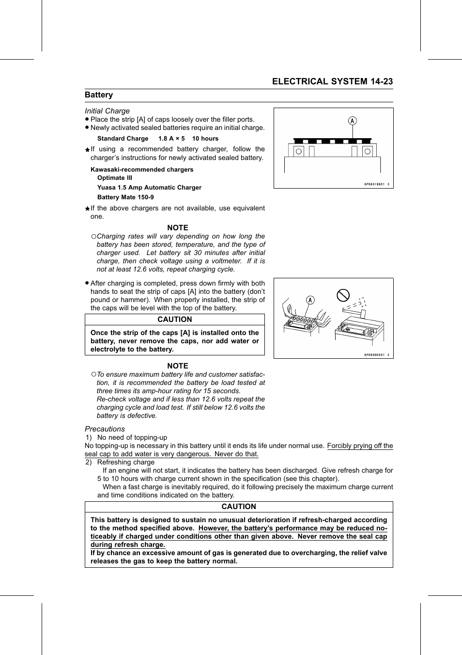 Kawasaki-recommended chargers, Initial charge, Precautions | Kawasaki STX-15F User Manual | Page 349 / 438