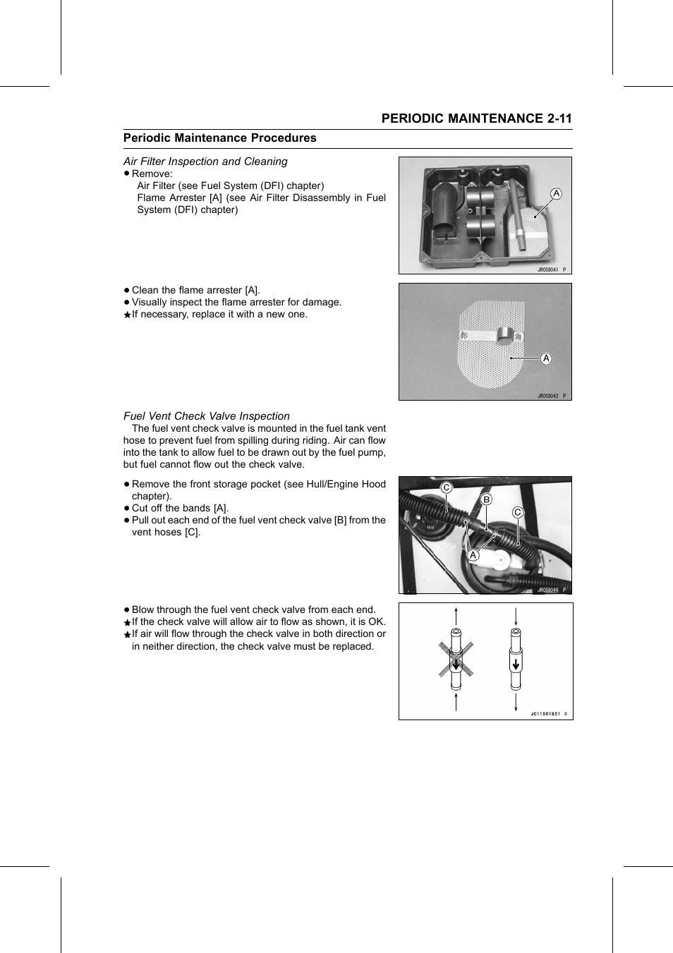 Air filter inspection and cleaning, Fuel vent check valve inspection | Kawasaki STX-15F User Manual | Page 35 / 438