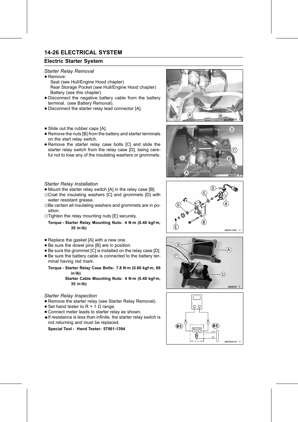 Starter relay removal, Starter relay installation, Torque | Starter relay inspection, Special tool, Electric starter system | Kawasaki STX-15F User Manual | Page 352 / 438