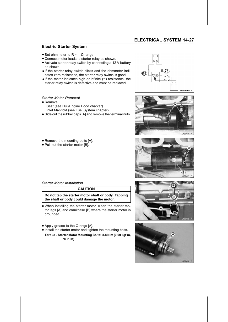 Starter motor removal, Starter motor installation, Torque | Kawasaki STX-15F User Manual | Page 353 / 438