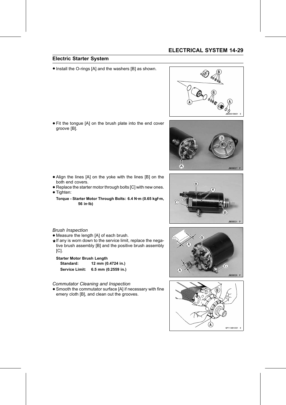 Starter motor brush length, Torque, Brush inspection | Commutator cleaning and inspection, Commutator c | Kawasaki STX-15F User Manual | Page 355 / 438