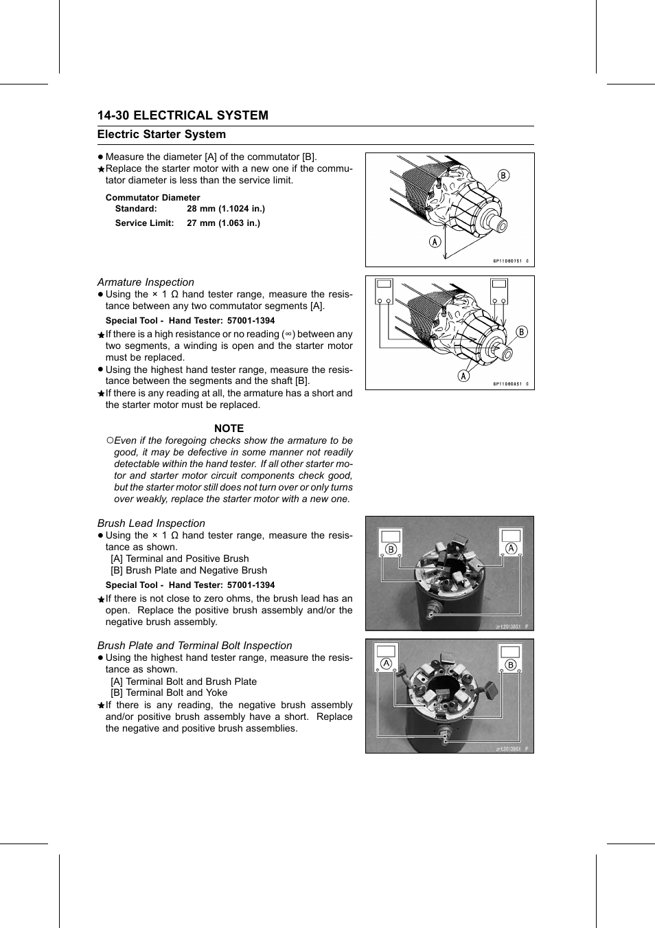 Commutator diameter, Armature inspection, Special tool | Brush lead inspection, Brush plate and terminal bolt inspection, Brush plate and | Kawasaki STX-15F User Manual | Page 356 / 438