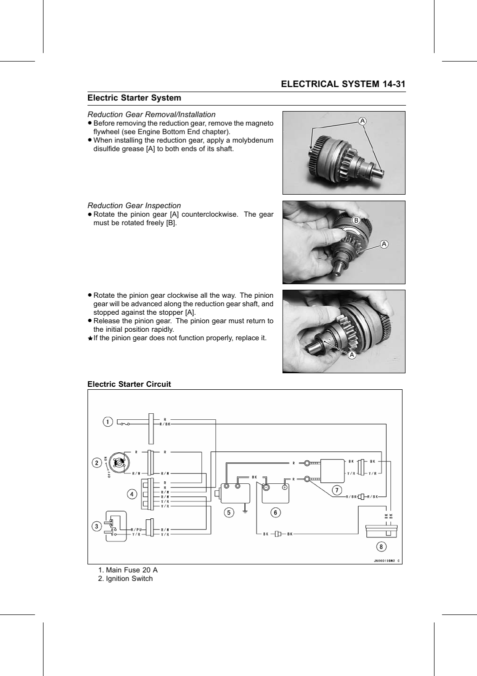 Reduction gear removal/installation, Reduction gear inspection, Electric starter circuit | Reduction gear | Kawasaki STX-15F User Manual | Page 357 / 438
